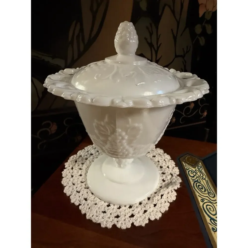 Vintage Milk Glass Covered Compote Candy Dish Grape Vine Pedestal Open Lace